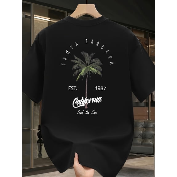 Men's Thickened 100% Cotton Vintage California Graphic T-Shirt - Santa Barbara Palm Trees and "Sound of the Sun" Print, Loose Large Size Spring and Summer Casual Short Sleeve T-Shirt,