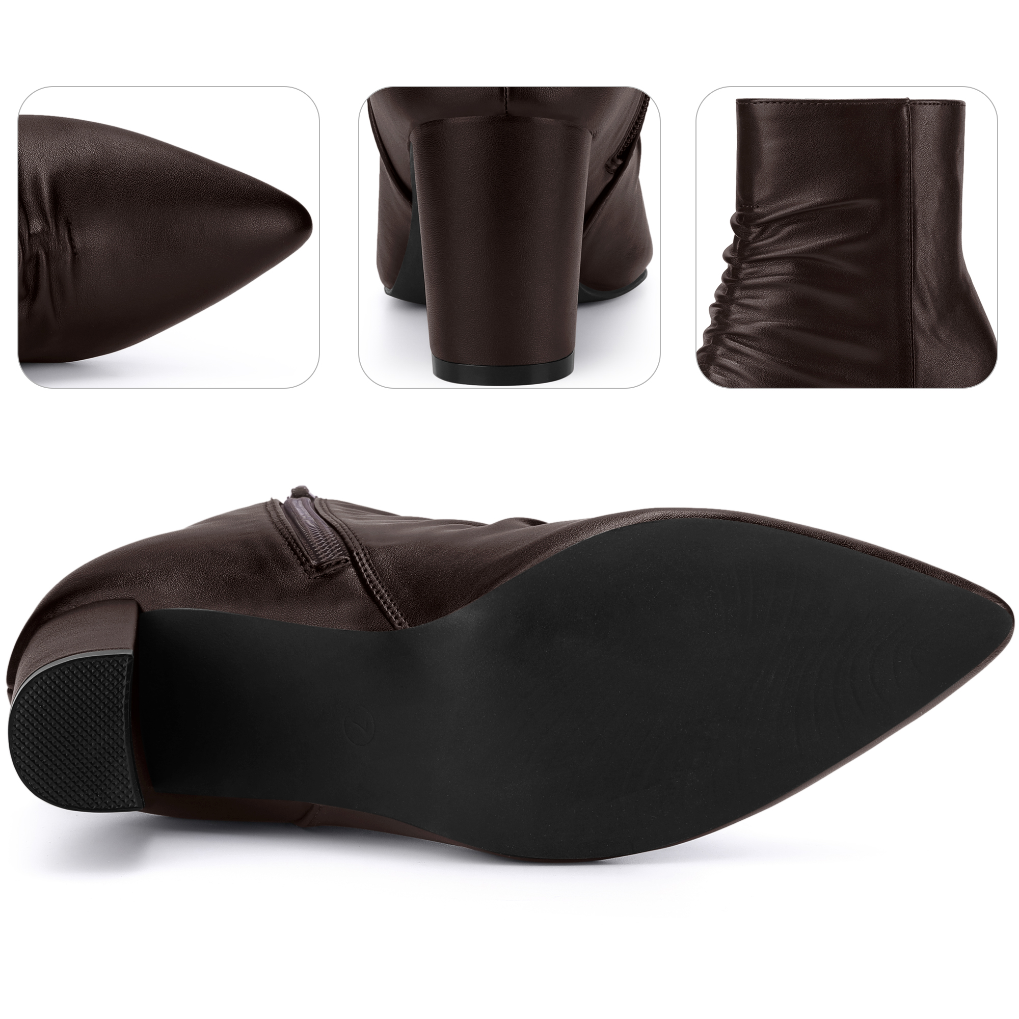 DARING DIVA Ruched Dress Boots Pointed Toe Chunky Heels Ankle Boots Coffee 9