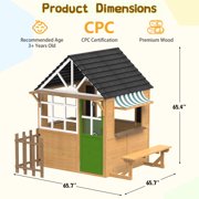 BUPPLEE Kids Outdoor Wooden Playhouse, Cottage Style, Door Window Fence Bench Blackboard