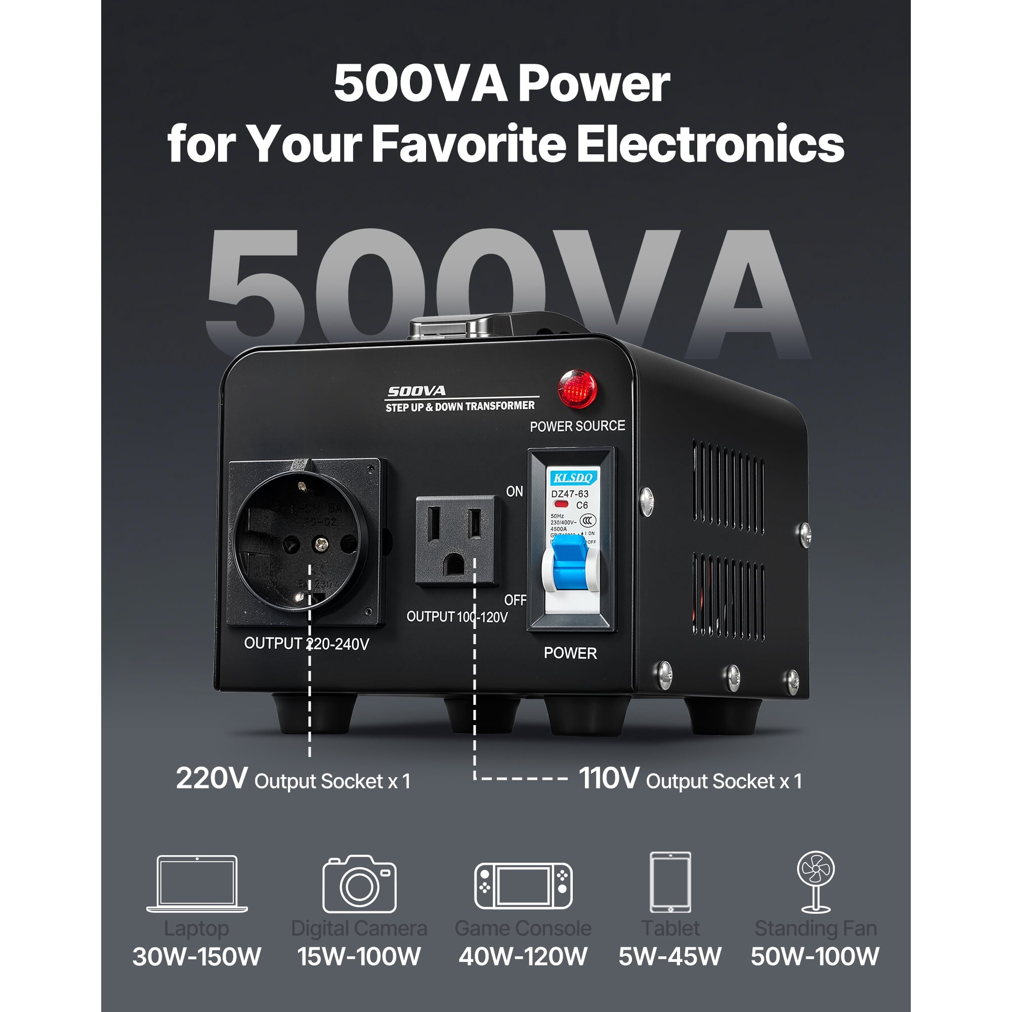 KFFKFF Voltage Converter Transformer, 500VA, Durable Step Up/Down Power Transformer, Switch Between 110V and 220V, Includes US and EU Outlets, Power Cord, and Circuit Breaker Protection