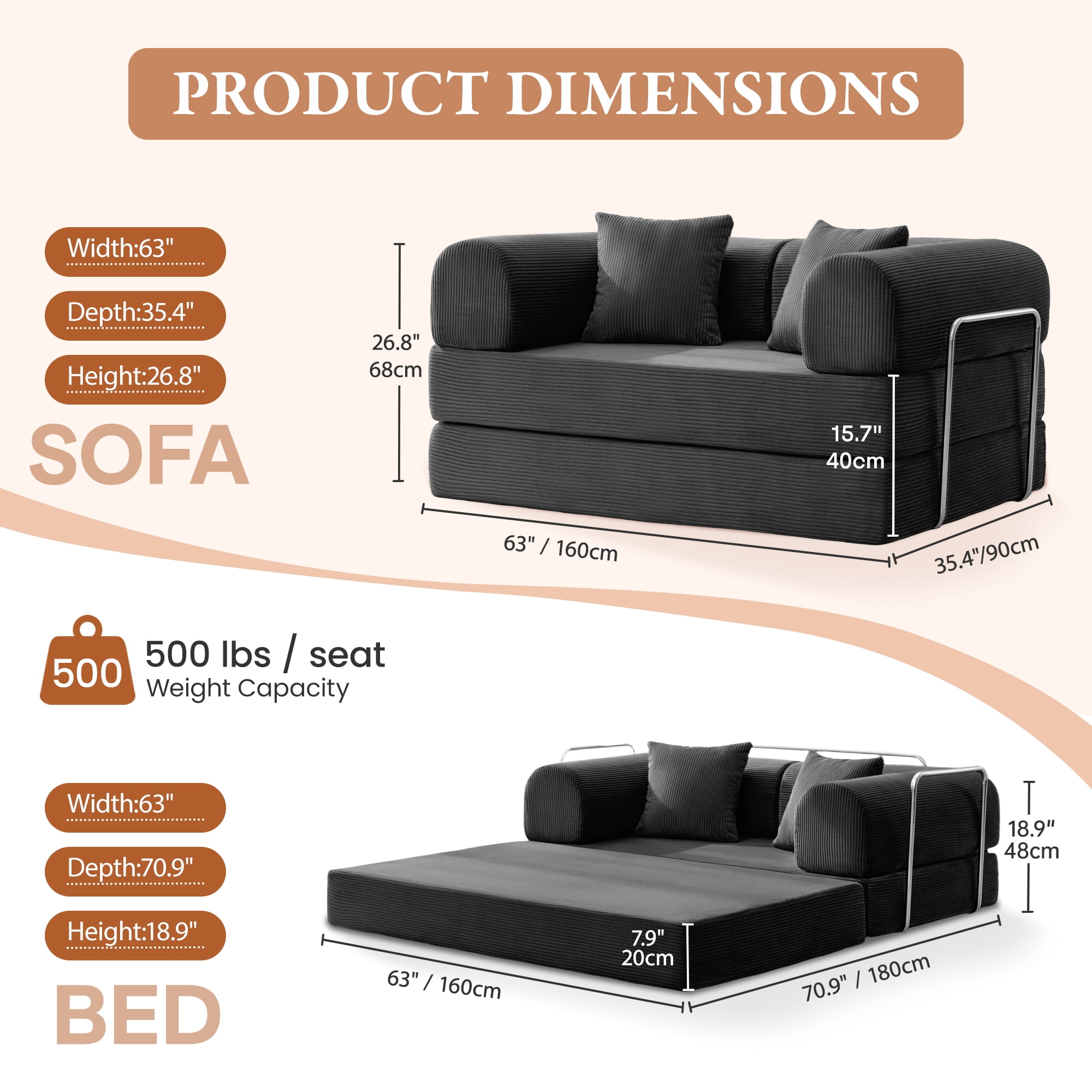 COOLHUT 63" W Combination Sofa, High Rebound Density Foam Sofa Couch, Two Forms Floor Couch Three Seats Sofa Bed for Living Room, Bedroom, Black