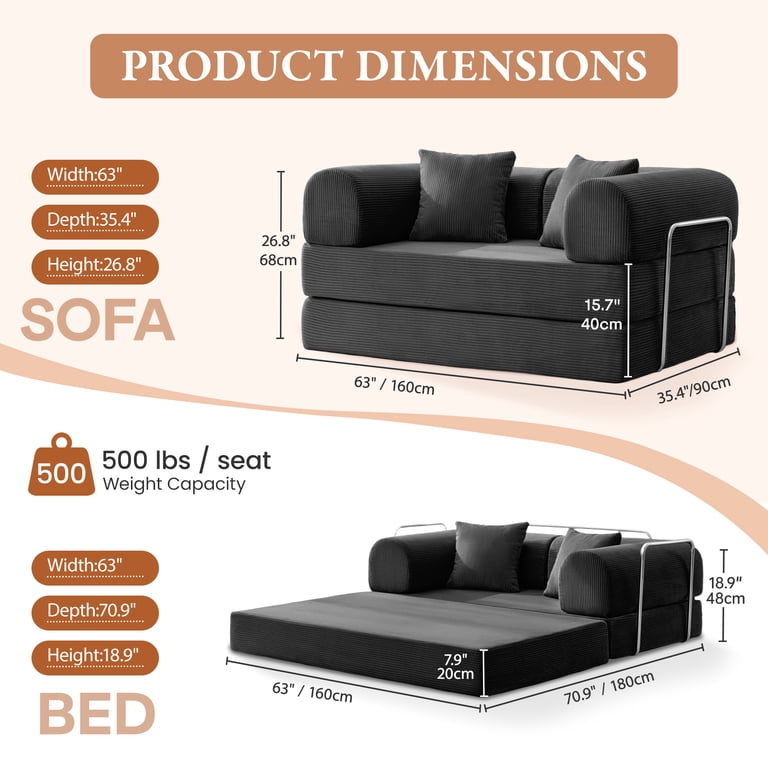 Coolhut 63 inch W Convertible Boneless Sofa Bed, Folding Corduroy Sofa Couch, No Assembly Floor Sleeper Sofa Couch for Living Room, Bedroom, Black