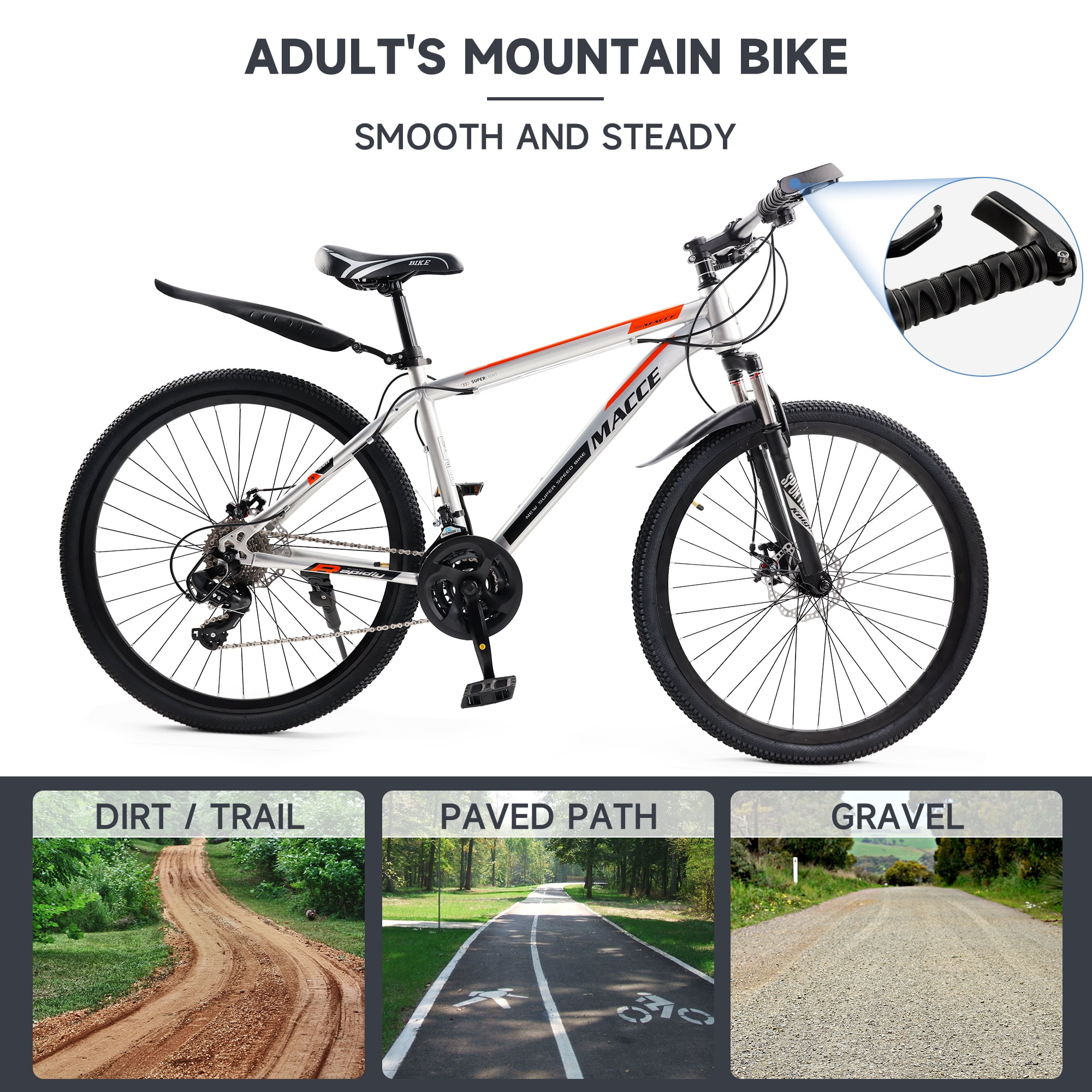 27.5 Inch Mountain Bike for Adult, 27-Speed Front Suspension High-Carbon Steel MTB Bicycle, Dual Disc Brake Bikes for Men Women, Silver