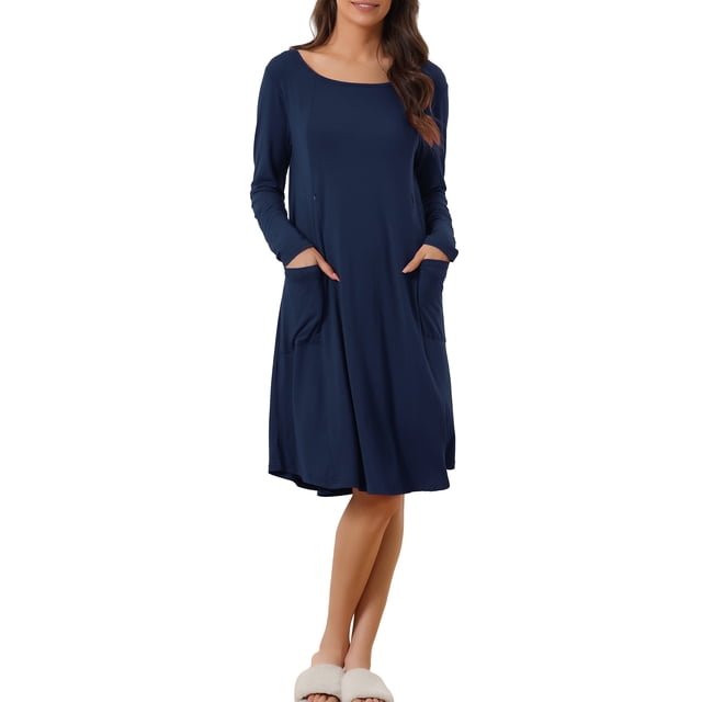 Unique Bargains Robe de Maternité pour Femmes avec Poches Col Rond Manches Longues Robe de Nuit Bleu Foncé S