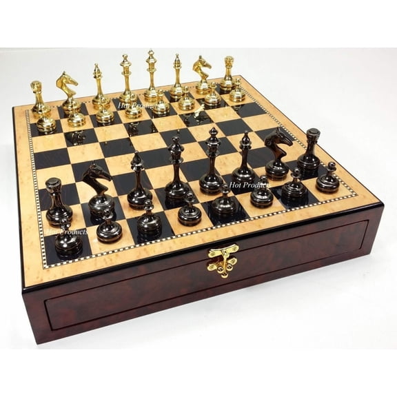 Real Brass Metal Gold  Black Modern Slim Staunton Chess Set 17" Storage Board