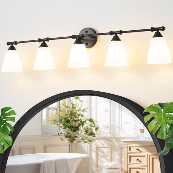 Deyidn Black 5-Light Modern Bathroom Vanity Light - 43.54-Inch Dimmable Bathroom Light Fixture with Milky White Glass Shades for Mirror Lighting