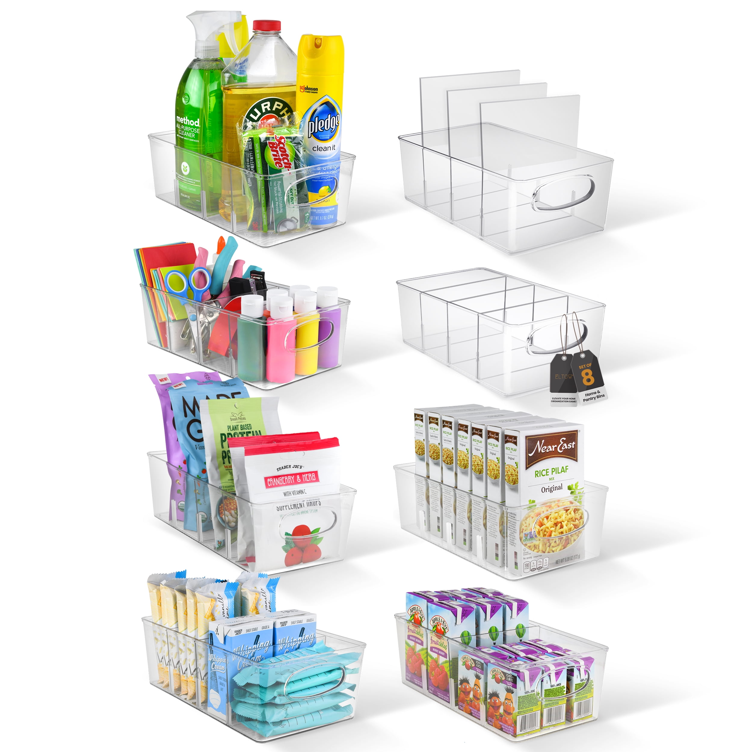 ELTOW Clear Pantry Storage Bins with Removable Dividers, 4 Compartment