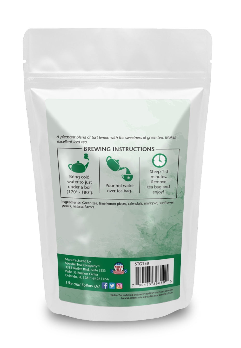 Special Tea Lemon Green Loose Leaf Green Tea, Pyramid 15 Sachets