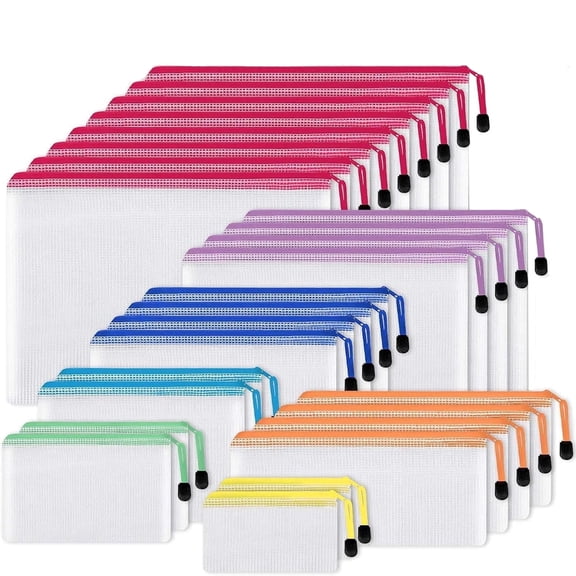 Genreen 26pcs Mesh Zipper Pouch Bags, 7 Sizes Plastic Bags, 7 Colors Waterproof Pouches with slide fastener for Organization, Multipurpose for Travel, School Supplies, Office and Home Organization