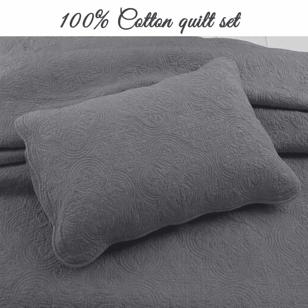 Victorian Medallion Matelassé Pure Solid Gray Scalloped Edge Cotton Quilt Bedding Set