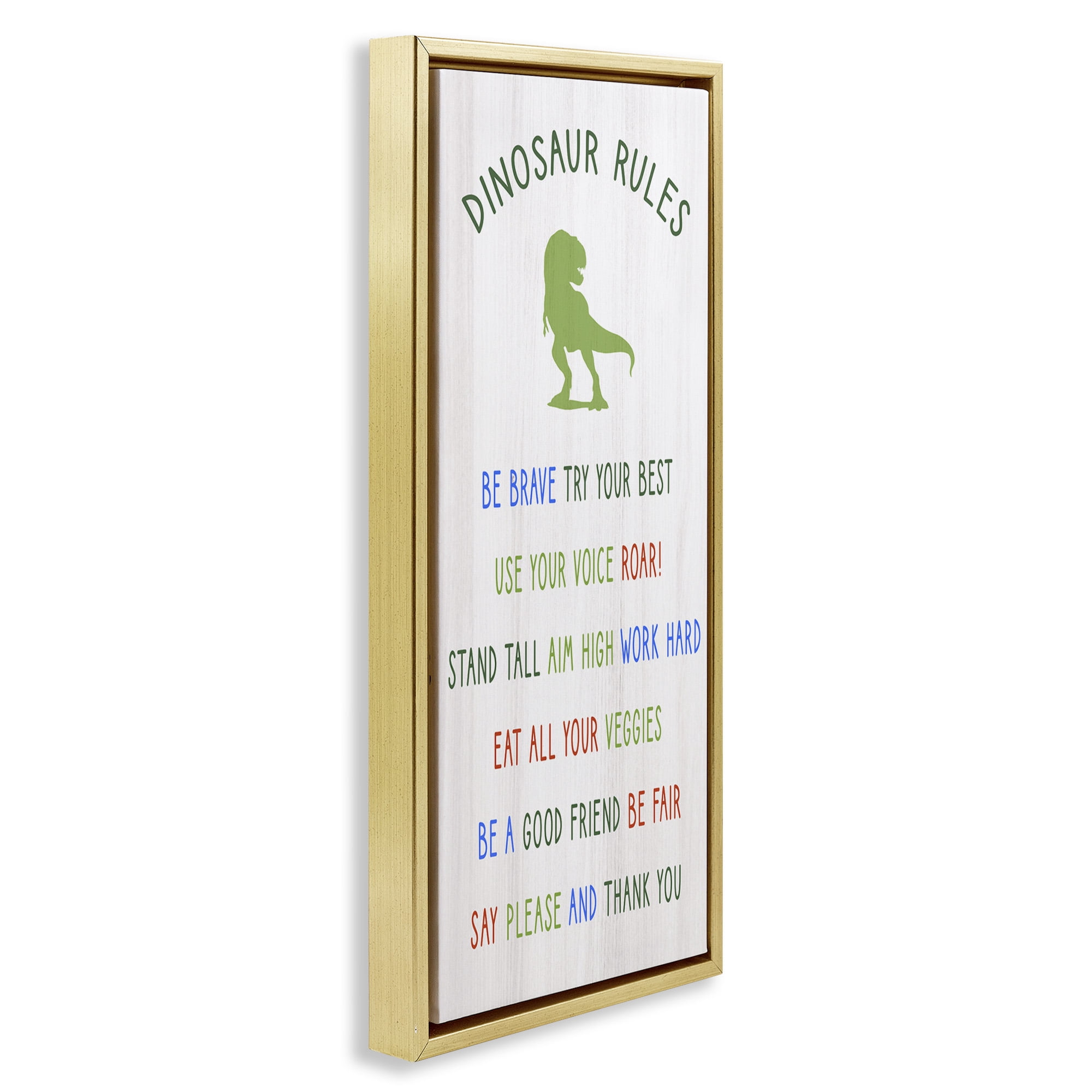 Stupell Industries Dinosaur Rules Kids List Inspirational Painting Gold Floater Framed Canvas Art Print Wall Art, 15 x 31