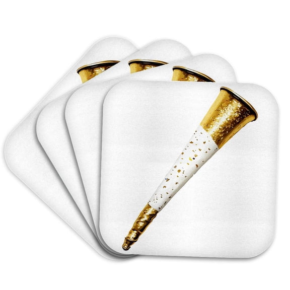 3drose, White and Image of Gold New Years Eve Party Horn, Set of 4 Coasters - Cork
