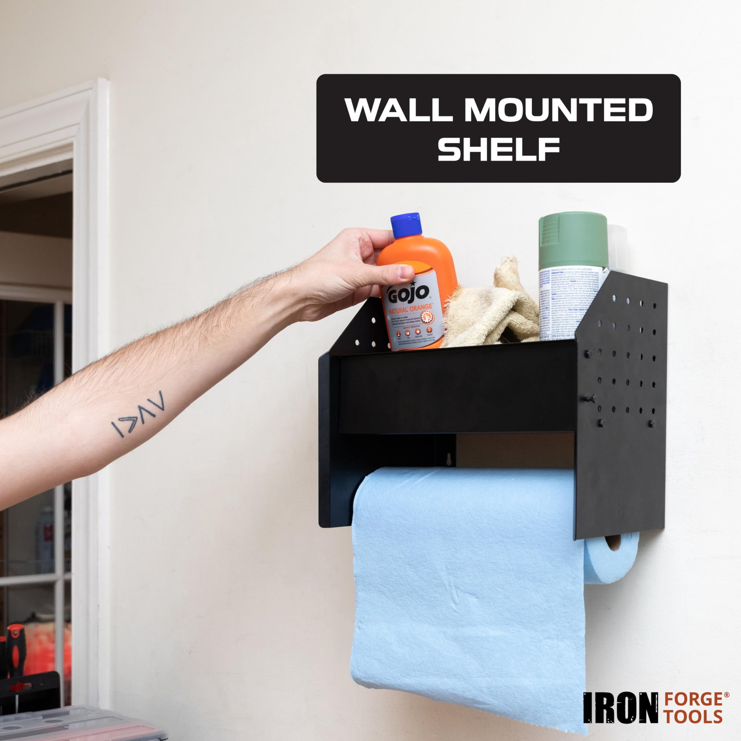 Iron Forge Tools Paper Towel Holder Wall Mount with Shelf - Garage Organization & Storage Shed Organizer for Shop Towels, Trailer Accessories for Inside Workshop, Garage Must Haves Décor for Men