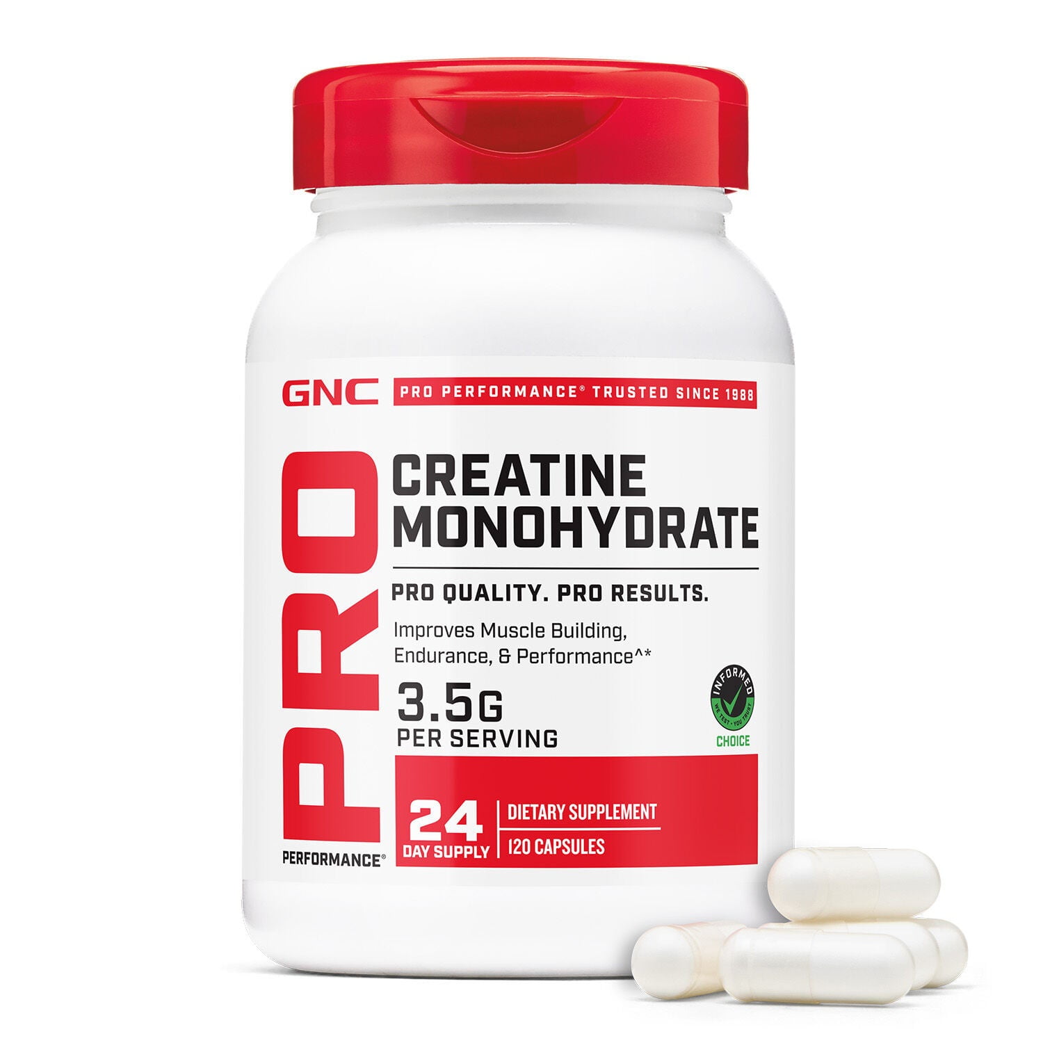 GNC Pro Performance Creatine Monohydrate, Improves Muscle Building, Endurance, Performance, 3.5g, 120 Capsules