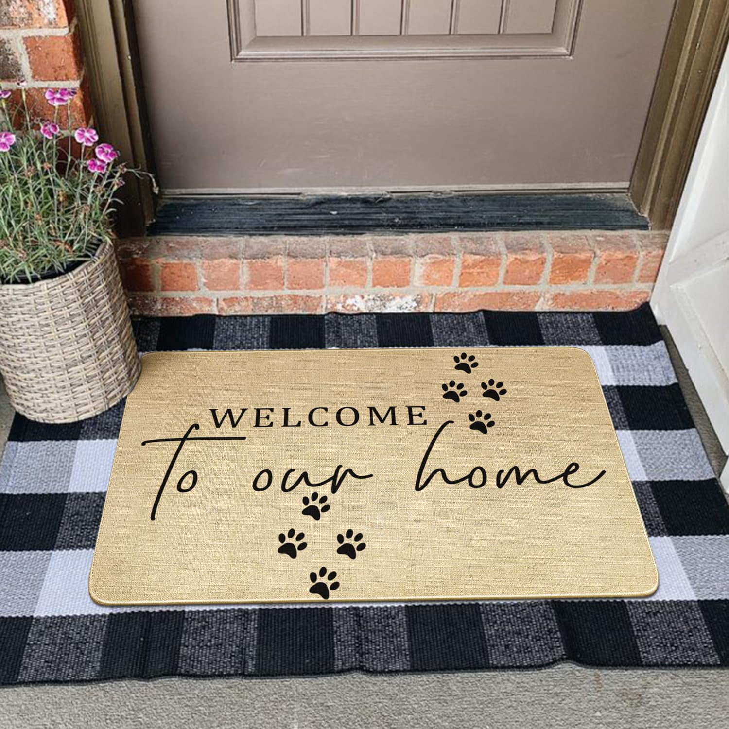 Funny Welcome Door Mats Outdoor,Welcome to Our Home Doormat, Cute Pet Paws Quick Drying Durable Low-Profile Rubber Backing Rug for Indoor Outside Entryway Front Porch Home Decor 30" x 17"