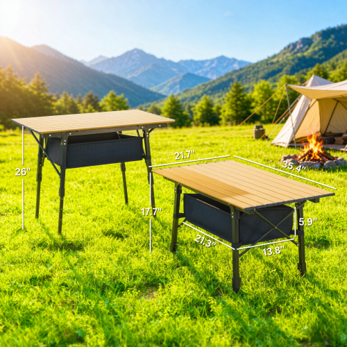 Compact Folding Camp Table, Portable Outdoor Dining Table with Storage Basket, Adjustable Height 17.7"-26", Lightweight Aluminum Frame, Brown