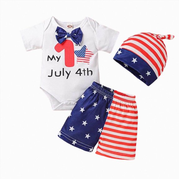 Xudanell 4th of July Baby Boy Outfit Baby My First Independence Day Outfits Tshirt Romper Shorts Hat 3 Piece Set Boy Trendy Patriotic Wear Red 3-6 Months