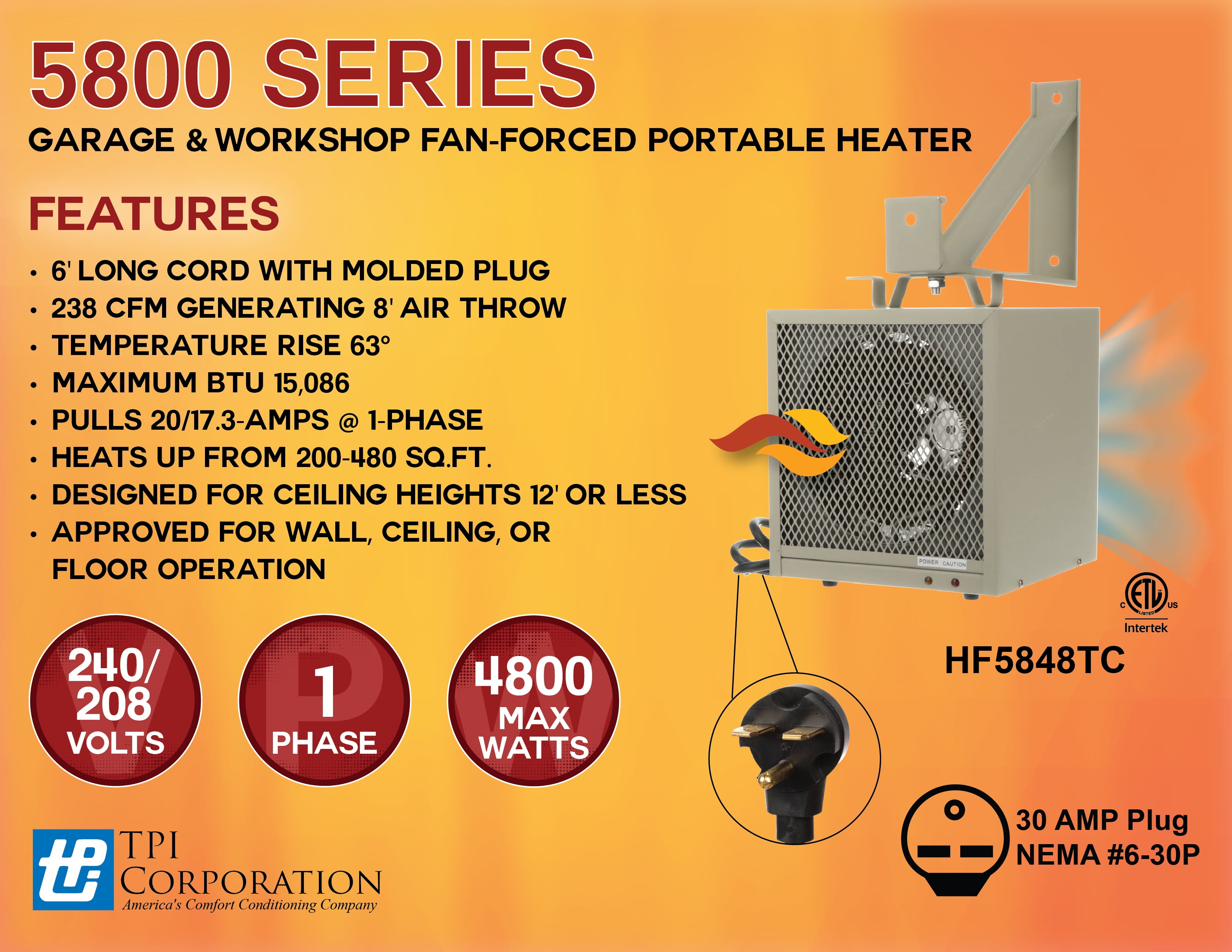 NEW Garage Workshop Fan Forced Portable Heater 3600/4800W 208/240V!! 