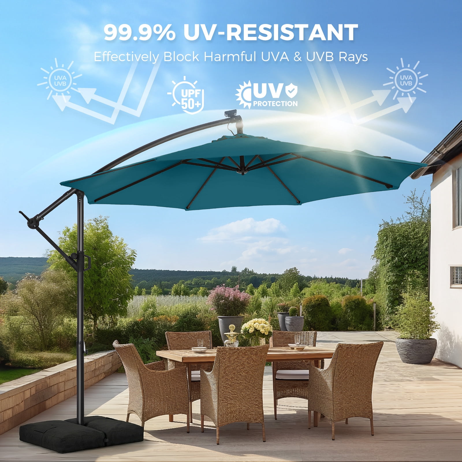 Patbrela 10ft Offset Patio Umbrellas (Includes Base) Outdoor Cantilever Hanging Umbrella with Infinite Tilt, for Yard, Garden, Beach, Pool & Deck, Blue