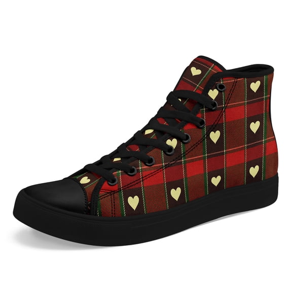 Coolcustomize Women's High-Top Lace-Up Sneakers - Scottish Tartan Heart Print, Breathable Fabric Upper & Rubber Sole, Round Toe Comfort for Casual Street Style, Casual Attire, Ladies Casual Boots