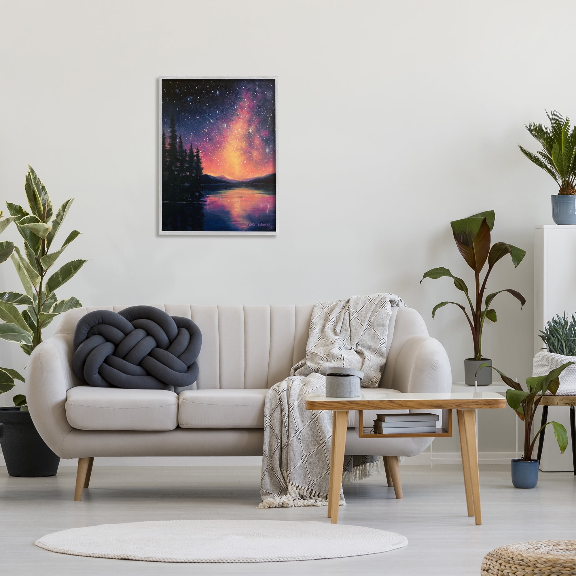 Stupell Industries Starry Night Over Lake Nature Painting Gray Framed Art Print Wall Art, 24 x 30