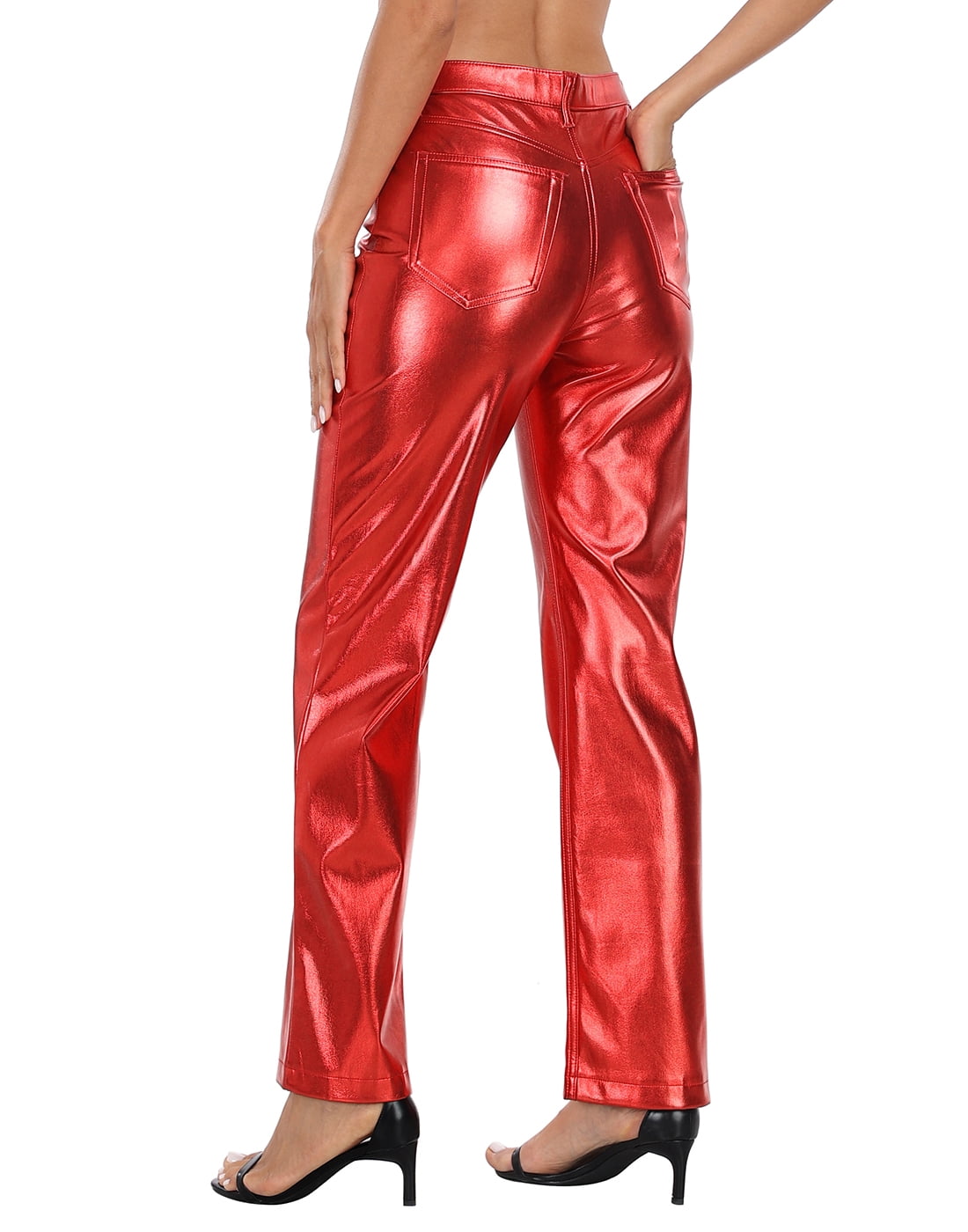 HDE Women's Metallic Faux Leather Pants High Waisted Trousers Red 14