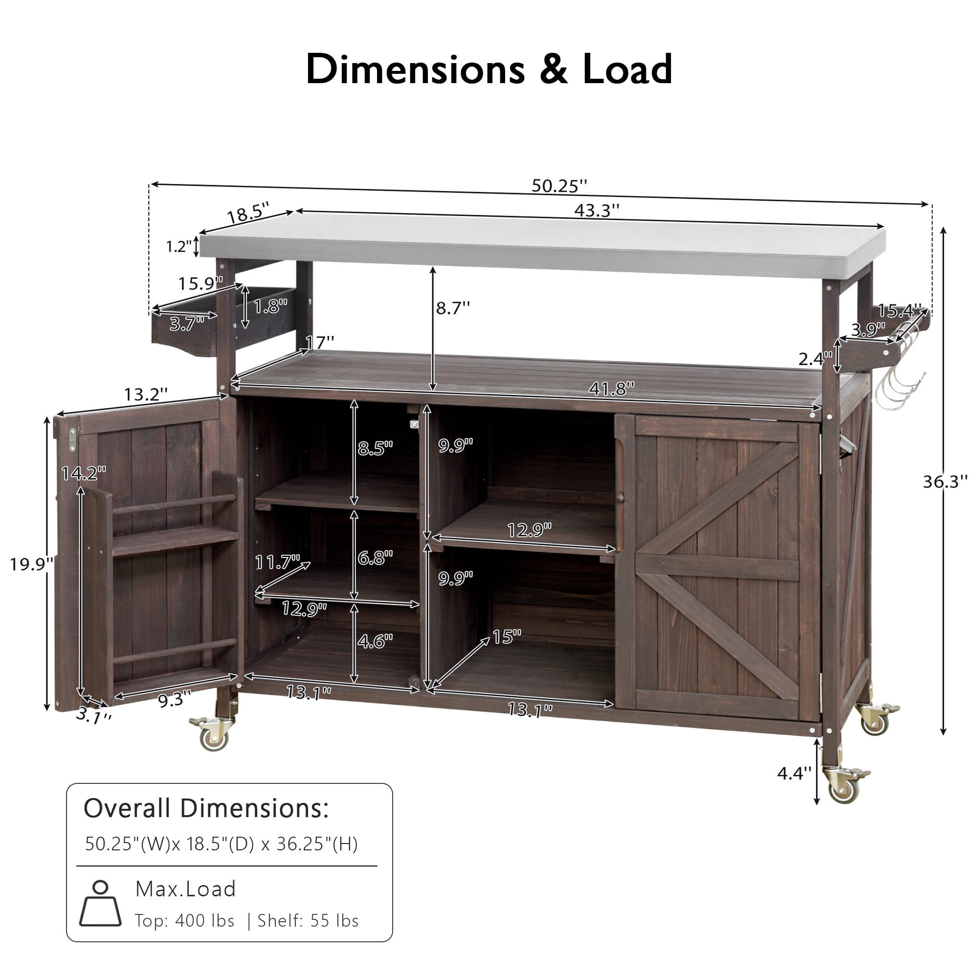 DEALTOPS Outdoor Kitchen Island Rolling Bar Cart, Wood BBQ Grill Prep Table with Stainless Steel Top, Brown