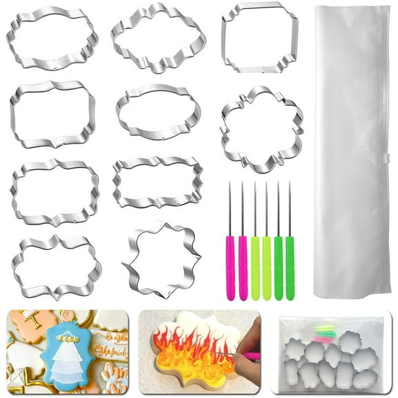 10Pcs Metal Cookie Cutters Plaque Frame Biscuit Cutter Baking Stainless Steel Fondant Cutter Molds with 6 Cookie Scribes for Birthday Wedding Christmas Holiday Cookies Decorations