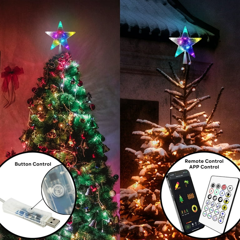 Christmas Tree Topper Light Smart App Remote Control 7 LED Color Changing  Star Tree Toppers Sync with Music Dimmable Timer USB Plug in/Wire 16.4Ft