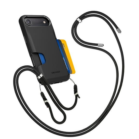 Encased for iPhone Air Wallet Case with Adjustable Neck Strap (Cache Series) - Crossbody Protective Phone Case with Built-In Card Holder Slot (Black)