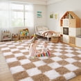 thumbnail image 2 of ZENELESS 8x10 Fluffy Rug for Living Room,Checkered Shaggy Soft Anti-Skid High Pile Carpet for Boys Girls Teen Room Dorm Home Decor,Creamy White and Camel, 2 of 7