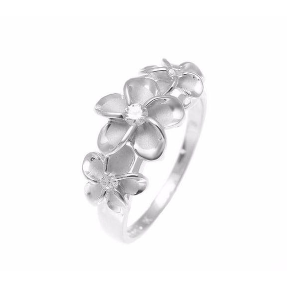 Sterling silver 925 Hawaiian 3 plumeria flower ring cz rhodium plated size 5