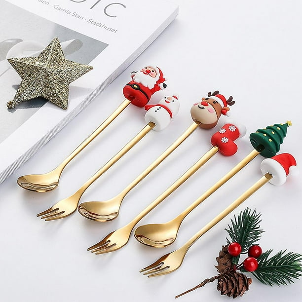 Cucharas de café navideñas, 6 piezas Cucharas navideñas Cucharas de té de postre de acero inoxidable con colgantes de alce, muñeco de nieve y Papá Noel para té y sopa, caja de regalo de plata