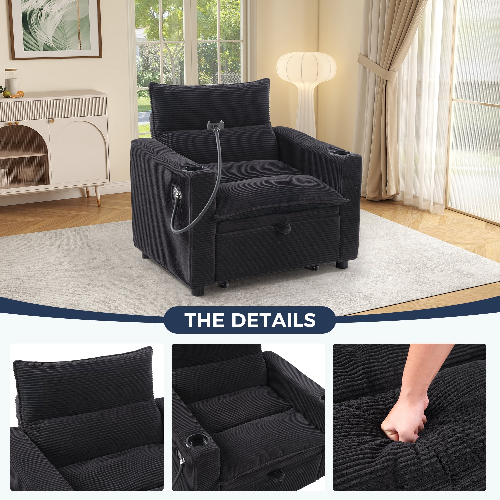 Ebello 3-in-1 Convertible Corduroy Sleeper Sofa Bed with Phone Holders & USB Ports, Pull Out Bed, Adjustable Backrest, Easy Assembly, 1-Seat(Black)