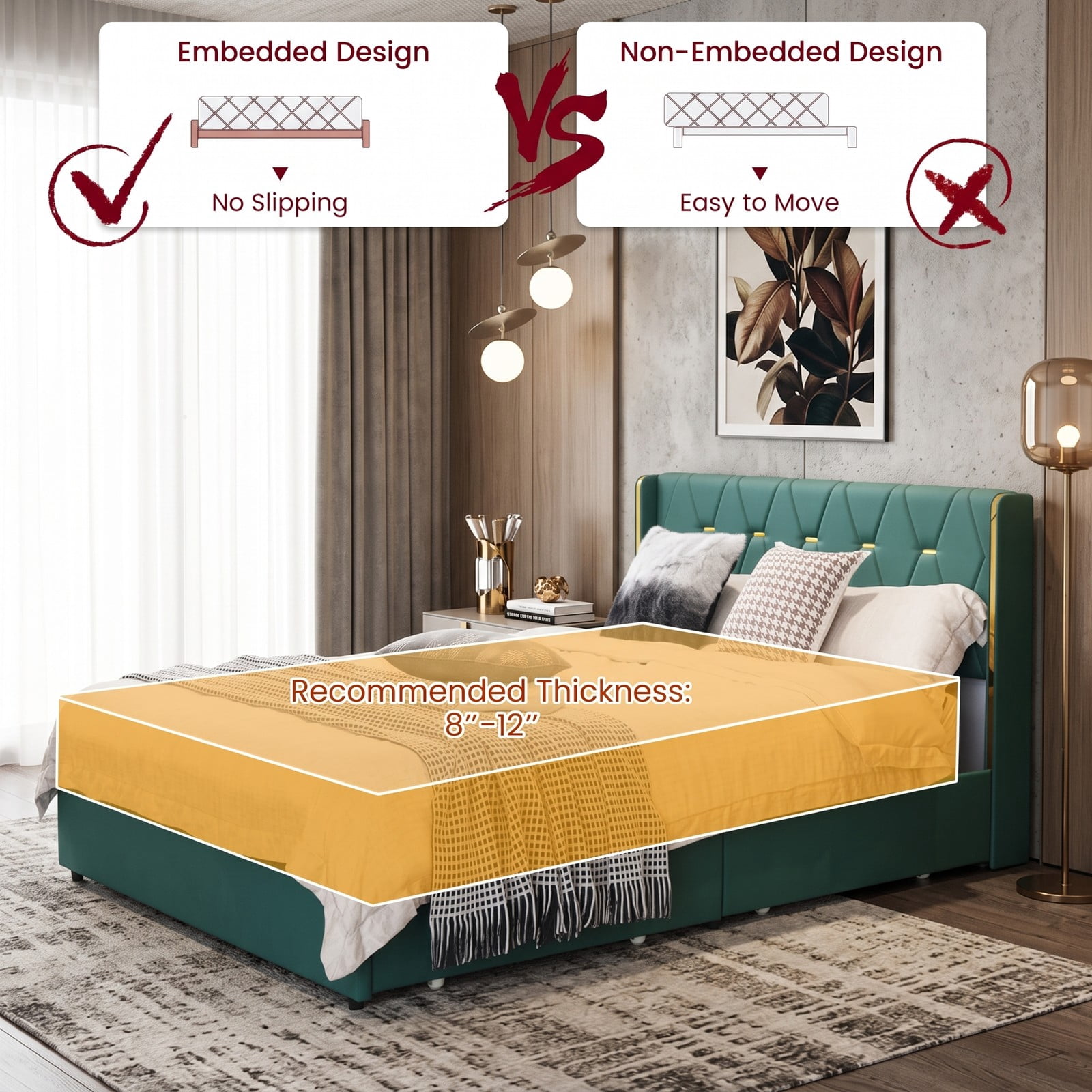 Furnibear Queen Bed Frame with Storage, Upholstered Platform Bed with High Headboard, 4 Storage Drawers and Gold Trim, No Box Spring Needed, Green