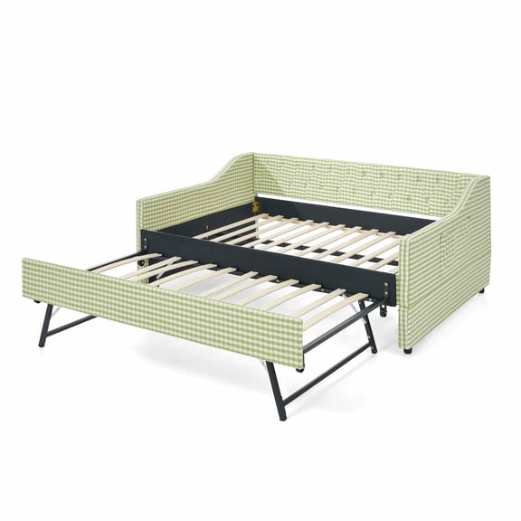 MIKIBAMA Green Full Size Gingham Upholstered Daybed with Pull‑Out Trundle, Solid Wood Frame, Side Storage Pockets, Sofa Bed for Guest Bedroom