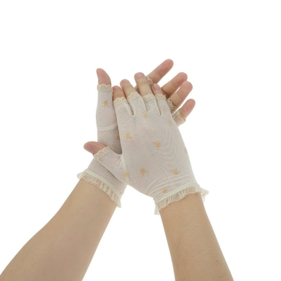 Unique Bargains 1 Pair Sunblock Fingerless Gloves Half Finger Mesh Sun Block Driving Gloves for Women Beige