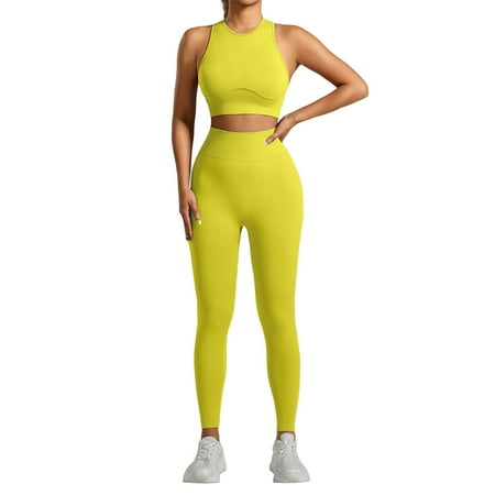 XDDLITP Womens Seamless Workout Sets 2 Piece Padded Racerback Ribbed Sports Bra with High Waisted Seamless Leggings Gym Yoga Exercise Outfits Yellow M