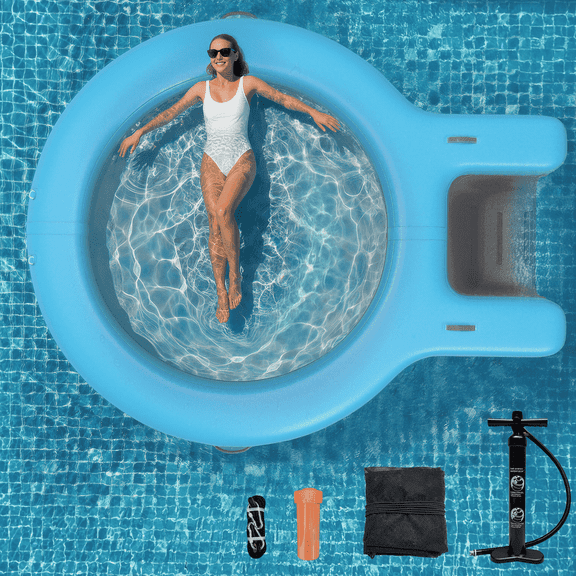 8 FT Water Hammock Inflatable Sunchill Float Ring with Dog Boat Ramp, Heavy Duty Floating Dock Pool Hammock Float for Ocean Lake Swimming Pool