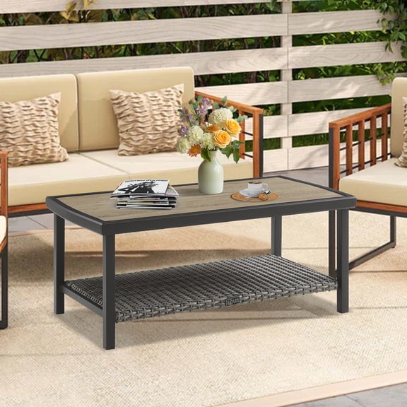 Ulax Furniture 37.3”(L) x 19.5”(W) Steel Coffee Table Outdoor Wicker Rectangular Table with Wooden-like Top