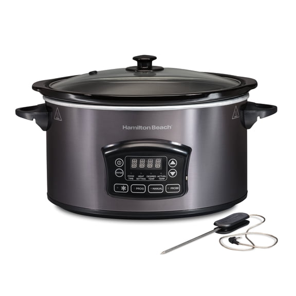 Hamilton Beach 6 Qt Programmable Slow Cooker, Defrost Function, Temperature Probe, Stoneware Crock with Removable Pot, Black