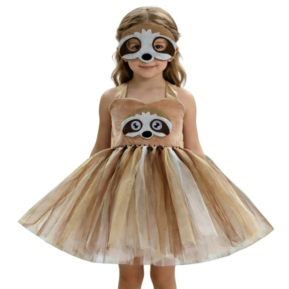 BOOMNY Halloween Girls Sloth Dress Up Funny Sloth Mesh Tulle Dress Clothes Sets for Kids Playful Stage Performance Outfits