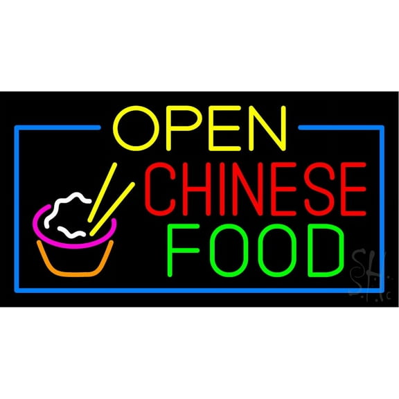 Open Chinese Food LED Neon Sign 20 x 37 - inches, Black Square Cut Acrylic Backing, with Dimmer - Bright and Premium built indoor LED Neon Sign for restaurant window and interior decor.