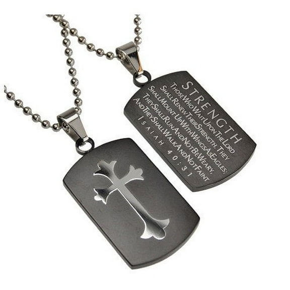 Isaiah 40:31 Black Dog Tag Cross, Stainless Steel With Bead Chain