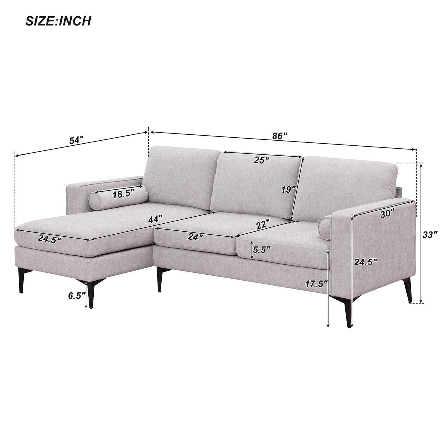 Kadyn 86" Convertible Sectional Sofa, Modern Chenille Fabric Sofa with Reversible Chaise and 2 Pillows, L-Shaped 3-Seat Sofa for Apartment, Beige