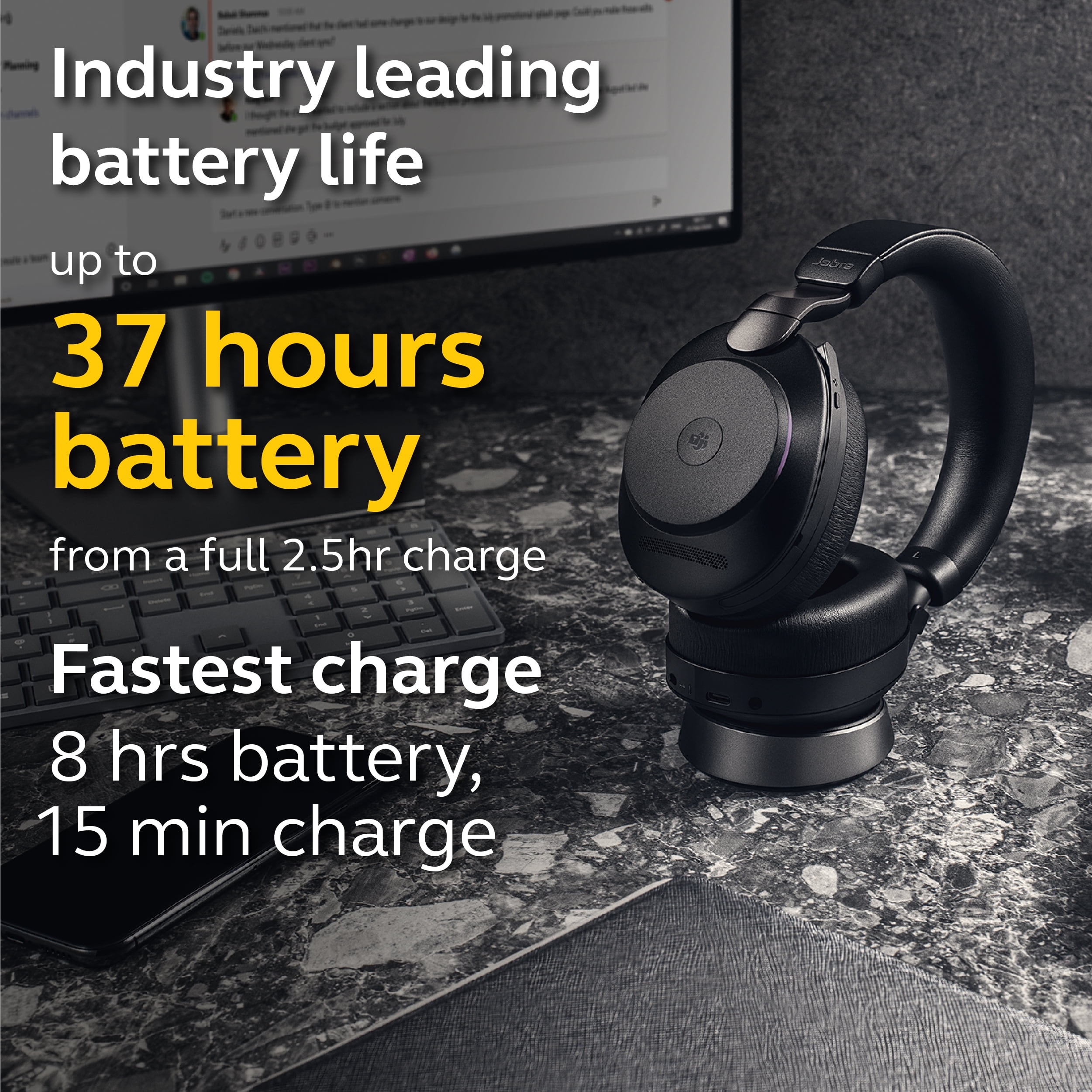 Jabra Evolve2 85 - USB-A MS Teams Stereo Stand - Black Wireless Headset / Music Headphones Black
