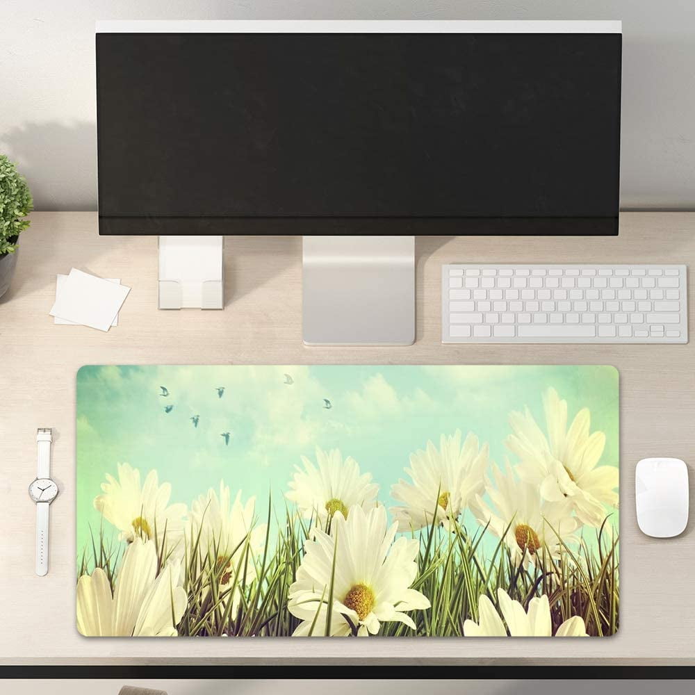 armdgodx Non Slip Waterproof PU Leather Multifunctional Desk Pad, 31.5 × 15.7, Daisies in Summer