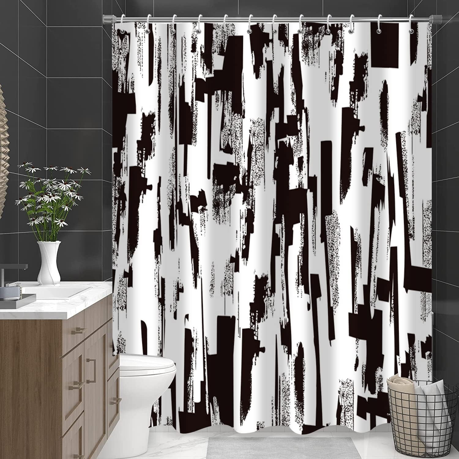 Black and White Shower Curtain Abstract Modern Art Painting Bath Curtains Ombre Brush Strokes Contemporary Bathroom Decor Waterproof Polyester Fabric with Hooks 72Wx72L