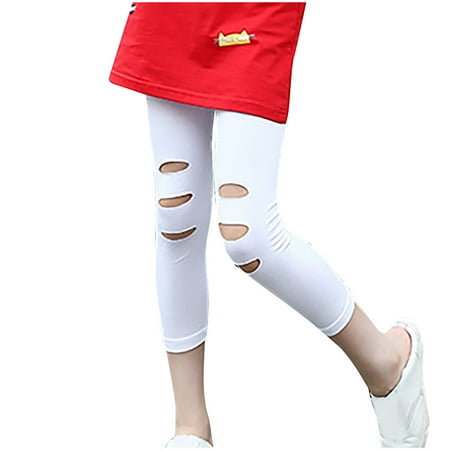 Girls High Waist Leggings Cutout Ripped Elastic Waist Capri Pants Stretchy Casual Comfy Pant Slim Fit (11-12 Years White)
