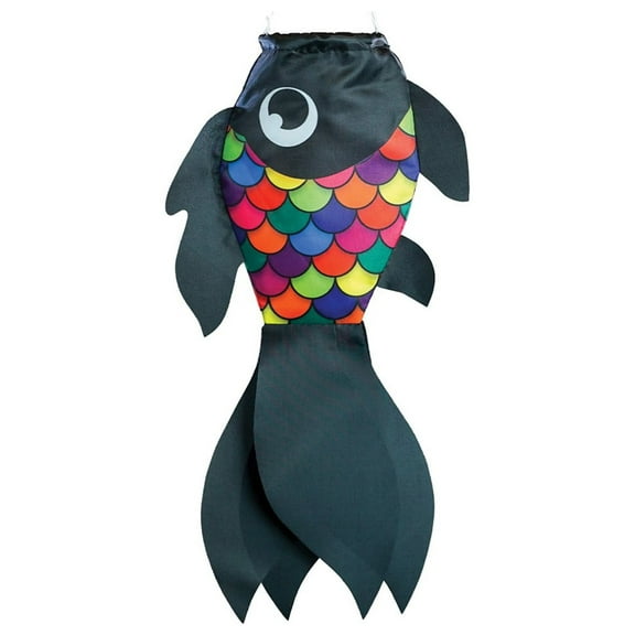 In the Breeze 5224 — 15-inch Black & Rainbow Damsel Fish Windsock — Colorful Fishsock Hanging Garden Decor with Detailed Printed Graphics